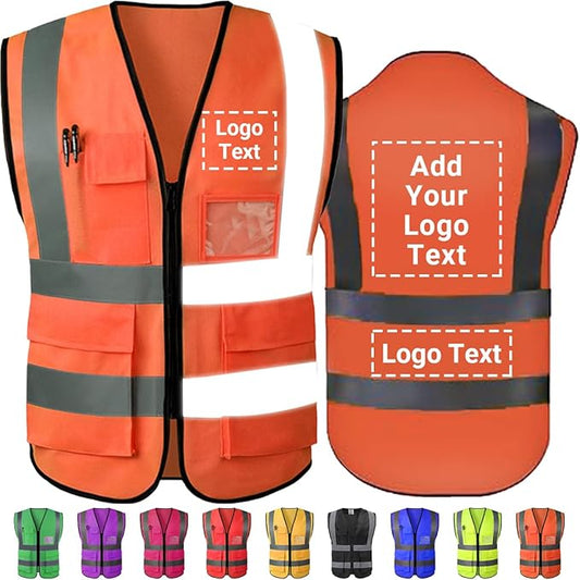 Custom Safety Vest Customized Logo Name Text Class 2 High Visibility Reflective Vests with Pockets for Construction Workwear