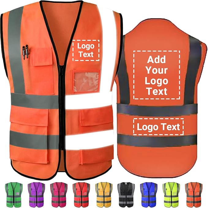 Custom Safety Vest Customized Logo Name Text Class 2 High Visibility Reflective Vests with Pockets for Construction Workwear