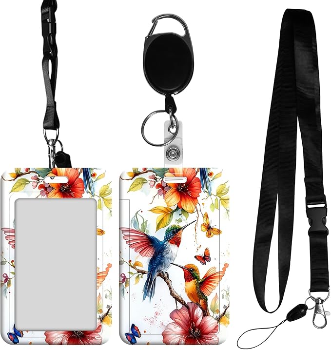 ID Badge Holder with Retractable Lanyard for Women & Men,Vertical ID Card Holder Wallet,Clear Window&Card Slot,Detachable Neck Strap for Nurse Teacher Office,Hummingbirds Floral Watercolor