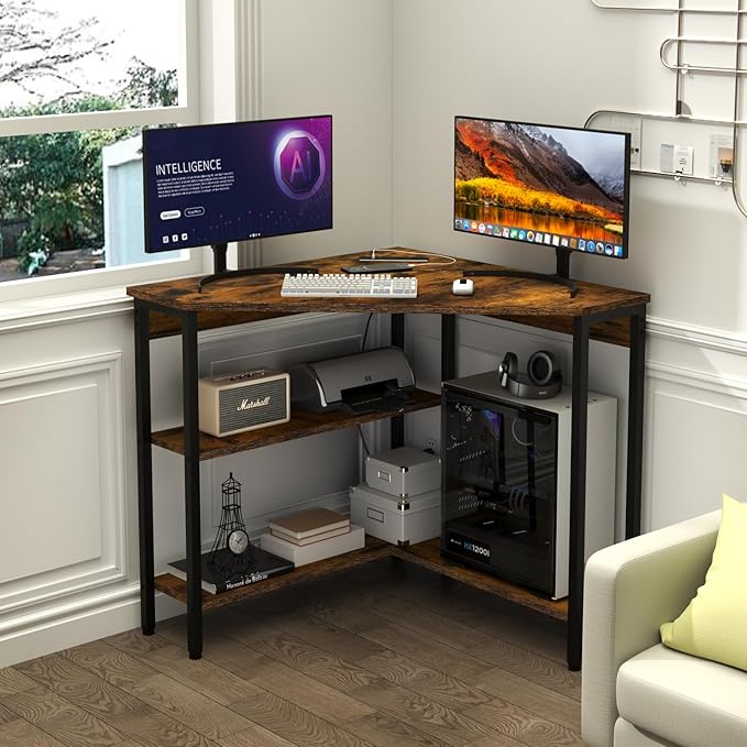 Auromie Corner Desk with Outlets & USB Ports, 90 Degree Triangle Corner Table with CPU Stand & Storage Shelves for Small Space, Computer Table with Charging Station for Home Office Bedroom (Rustic)