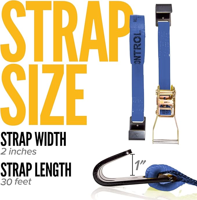 US Cargo Control Flat Hook Ratchet Straps 2 Inch X 30 Foot (2-Pack), 10,000 LBS Break Strength, Blue Heavy Duty Ratchet Straps with Black Flat Hooks, Tie Downs for Flatbed Trailer