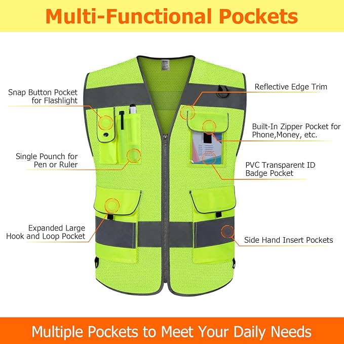 TCCFCCT Mesh Safety Vest 9 Pockets High Visibility Reflective Safety Vest for Men Women, Hi Vis Work Vest with Reflective Strips, Meets ANSI/ISEA Standards, (Yellow, 3X-Large)