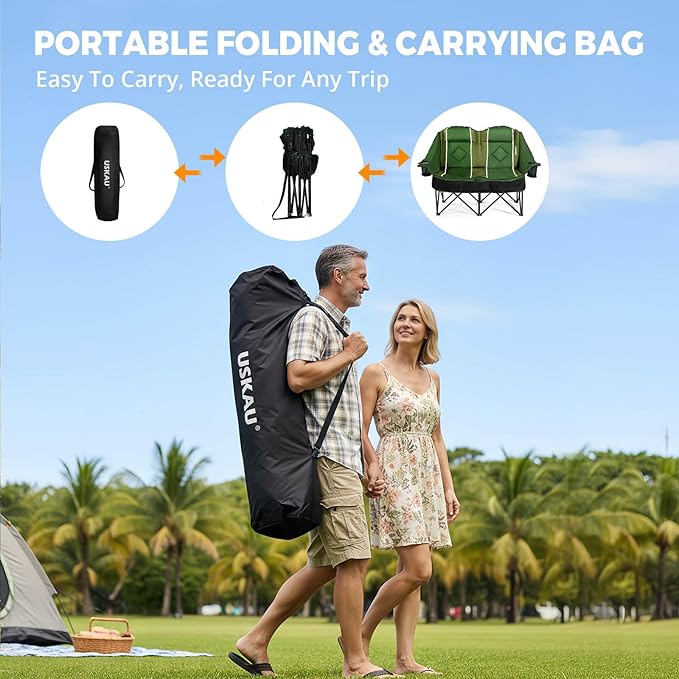 Oversized Double Camping Chair - 2 Person Portable Folding Outdoor Loveseat Heavy Duty Lawn Chairs for Adults with Padded Cushion & Dual Cup Holders, Supports 660LBS for Camping，Sports，Picnic