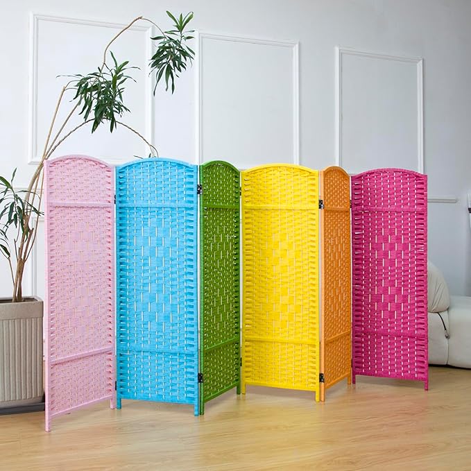 6 Panel Rattan Divider Short Room Partition Screen,Double Sided Folding Divider for Room Separation,Colorful,47.2" H x 94.5" W