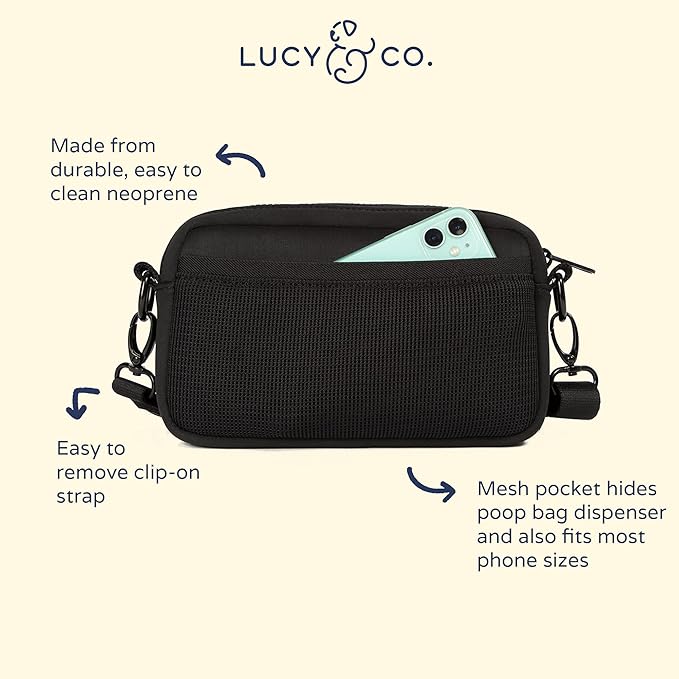 Lucy & Co. Crossbody Treat Pouch, Fanny Pack, Shoulder Bag - Wear 3 Ways, Hidden Poop Bag Dispenser, Zip Treat & Phone Pocket, Dog Accessories (Black)