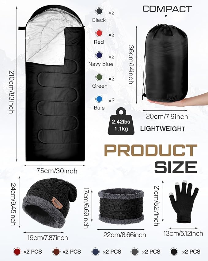 40 Pcs Bulk Sleeping Bags Adult for Homeless, Sleeping Bags Cold Weather Waterproof with Winter Hats Gloves Scarves and Mittens for Camping Emergency Use