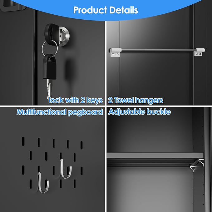 SUXXAN Broom Closet Storage Cabinet 71.4"x 31.5"x15.7", Metal Cleaning Cabinets with Hooks and Hanging Rods, Lockable Cabinet with Pegboard, Adjustable Shelf,for Garage, Laundry Room