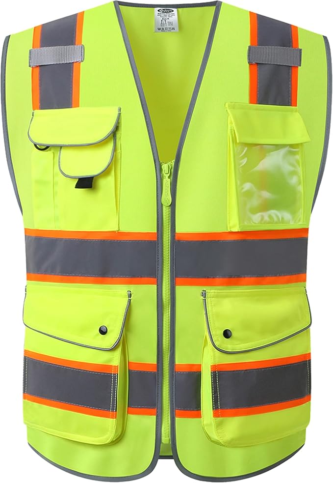 JKSafety 9 Pockets Hi-Vis Neon Yellow Color Zipper Front Safety Vest with Fluorescent Orange Extend Edge outlining the Reflective Tapes Meet ANSI/ISEA Class 2 Standard (901-Yellow, Medium)