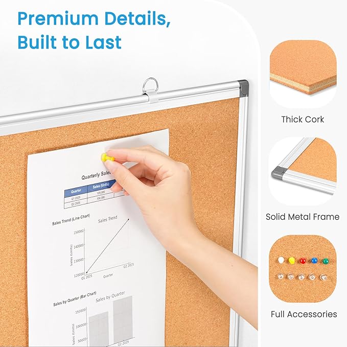 Double-Sided Cork Bulletin Board for Wall, WALGLASS 24" x 18" Hanging Wall Mounted Notice Board, Pin Display Vision Cork Board, Aluminium Framed Message Corkboard for Office, Home, School