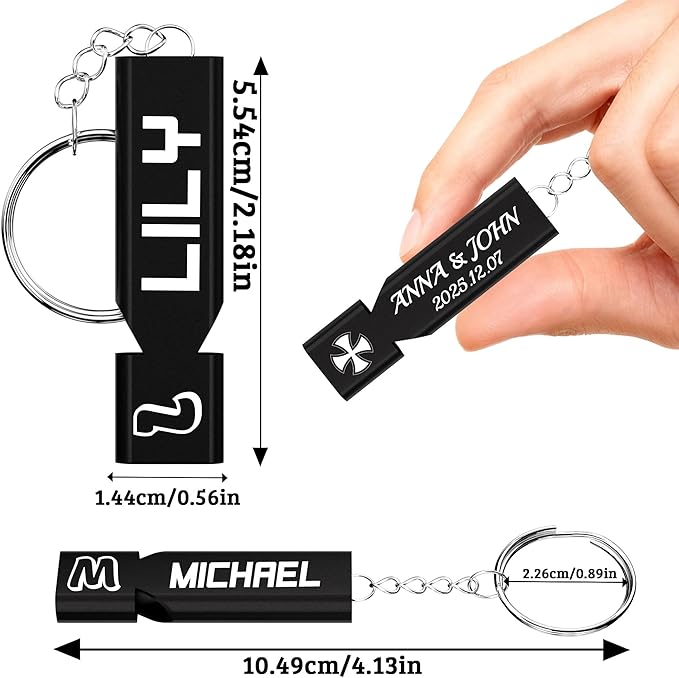 10Pcs Custom Emergency Whistles, Personalized Aluminum Safety Survival Whistle with Keychain, Engraved Name or Logo, Double Tube High Pitch for Outdoor Camping, Hiking, Boating, Fishing