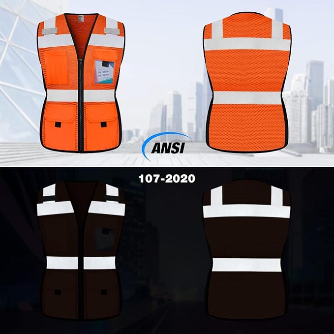 TCCFCCT Safety Vest for Women 11 Pockets Mesh Reflective Vest with Zipper, High Visibility Neon Construction Work Vest for Lady Surveyors/Warehouse, Snug-Fit, Durable, ANSI Compliant, Orange XXL
