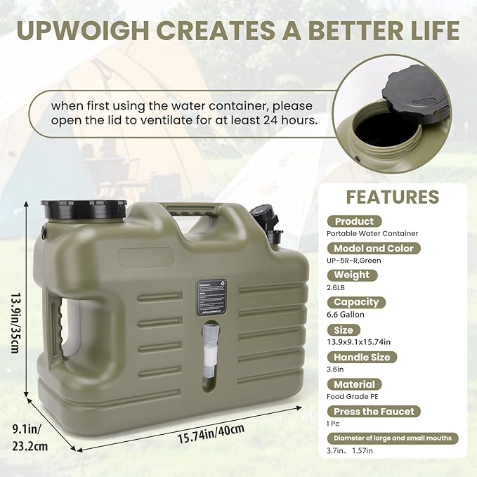 6.6 Gallon Camping Water Jug,Camping Water Container with Spigot,BPA Free, Large Capacity Water Tank,Leak-Proof Emergency Water Storage Containers for Outdoor Camping, Hiking, Picnic