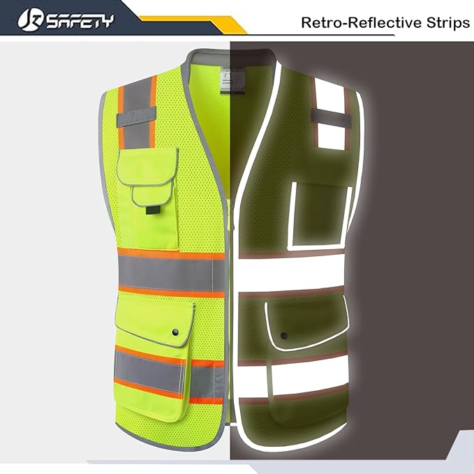JKSafety 9 Pockets Hi-Vis Safety Vest Breathable Mesh Fabric Cushioned Collar Work Utility PPE Lightweight Industrial Work Gear ANSI/ISEA compliant (101-Yellow XXL)
