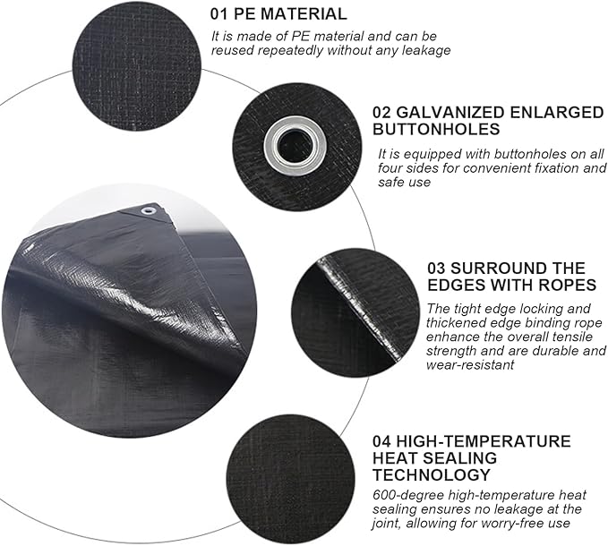 Heavy Duty Tarps Waterproof, 6X10ft Black Tarp, Plastic Tarpaulin with Rope for Outdoors Emergency Rain, Roof, Pool, Boat, Camping, Black Tarp
