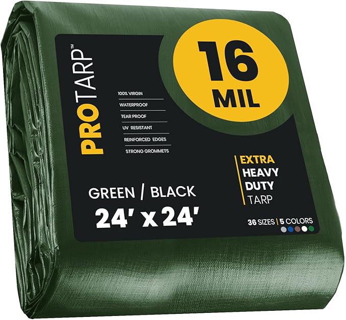 PROTARP Extra Heavy Duty 16 Mil Tarp Cover, Waterproof, UV Resistant, Rip and Tear Proof, Poly Tarpaulin with Reinforced Edges for Roof, Camping, Patio, Pool, Boat. (Green/Black 24′ X 24′)