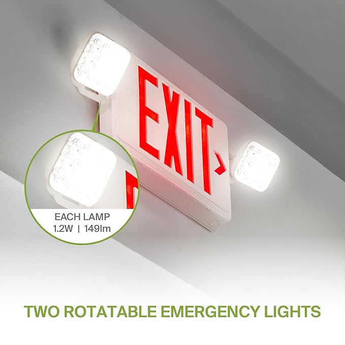 ASD LED Exit Sign with Battery Backup & Square Rotatable Heads - 120-277V UL 2.2W Double Face Emergency Exit Light for Business, Commercial Damp Location Power Outage Lights, Red