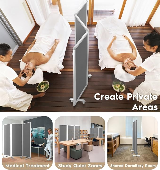 Flodable Wall Partition Sliding Office Dividers Workstation Privacy Panels Freestanding Rolling Screen,Grey Fabric,71" H x 24" W,Locking Wheel