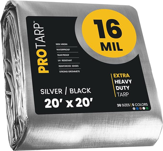PROTARP Extra Heavy Duty 16 Mil Tarp Cover, Waterproof, UV Resistant, Rip and Tear Proof, Poly Tarpaulin with Reinforced Edges for Roof, Camping, Patio, Pool, Boat. (Silver/Black 20′ X 20′)