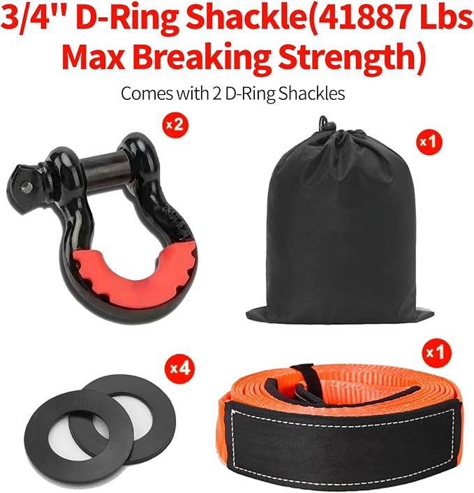 Heavy Duty Tow Strap Recovery Kit, 3" x 20'ft Tree Saver Winch Strap + 2 x3/4" D Ring Shackles + Storage Bag, Off Road Towing Strap Kit for Truck/SUV/ATV/RV