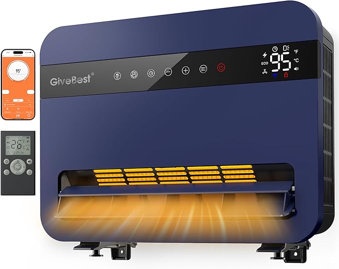 Givebest-Wall-Heater-for-Indoor-Use, 1500W Electric-Space-Heater, 120°Vertical Oscillation,Works with Alexa, Adjustable Thermostat, Remote Control, 24H Timer, Easy-mounted Heater for Indoor Use,Blue