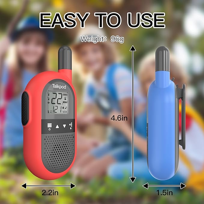 Talkpod F40 Walkie Talkies 2 Pack for Kids, Adults, Handheld FRS 2 Way Radio with Li-ion Battery 22CH Family Walkie Talkie with VOX LCD Display for Outside Adventures, Camping, Hiking (Red ＆ Blue)
