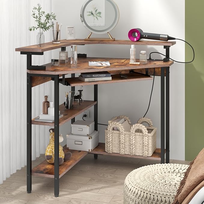Auromie Corner Desk with Charging Station & LED Light, Triangle Corner Desk with Monitor Stand & Keyboard Tray for Small Space, Gaming Computer Desk with Storage Shelves for Home Office (Rustic)