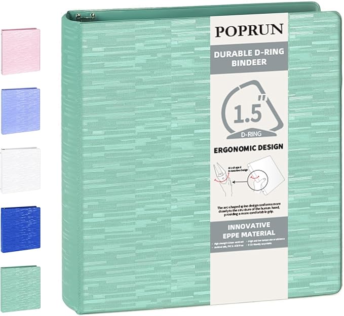 POPRUN 3 D Ring Binder 1.5 Inch, PVC-Free, Holds 375 Sheets of 8.5 x 11 Paper, Extra Durable Organizer with 2 Pockets for School & Office, Heavy-Duty, 1 Pack, Midnight Green