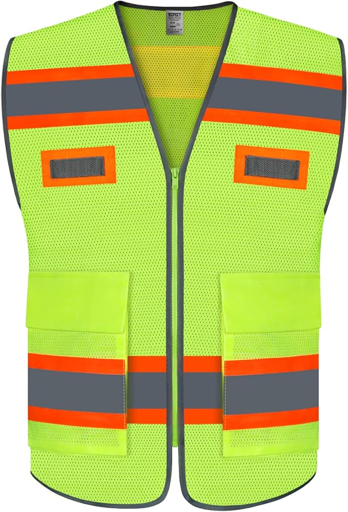 TCCFCCT Mesh High Visibility Vest with Pockets Reflective Safety Vest for Men Women, Construction Vest with Fluorescent Orange Extend Edge, Meets ANSI/ISEA Standards, Yellow, L