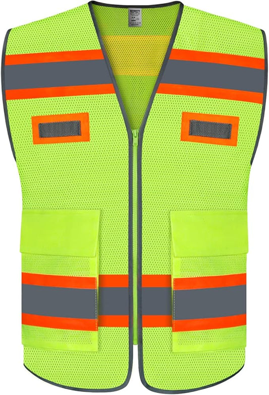TCCFCCT Mesh Safety Vest for Men Women with Pockets High Visibility Reflective Vest for Safety, Work Vest with Fluorescent Orange Extend Edge, Meets ANSI/ISEA Standards, Yellow, M