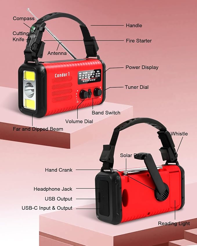 Emergency Crank Radio, 20000mAh / 74000mWh Solar Hand Crank Weather Radio with NOAA/AM/FM, Battery Powered Radio with Cell Phone Charger, Reading Lamp, Flashlight & SOS for Emergencies/Home