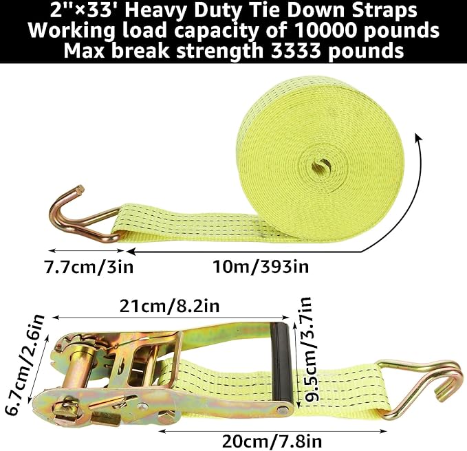 HNBun 2 Pack Ratchet Tie Down Straps, 2" x 33ft, 10,000 lbs Break Strength, Heavy Duty Cargo Lashing Straps with Double J Hooks for Trailer, Truck, and Equipment Hauling, Yellow