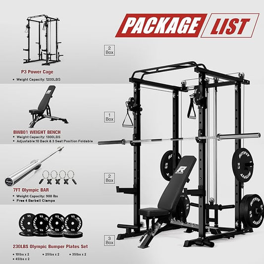 RitFit Multi-Function Squat Rack Power Cage PPC-P3 with Cable Crossover System, 1200LBS Capacity Power Rack and Packages with Optional Weight Bench, Barbell Weight Set, for Garage Workout & Home Gym