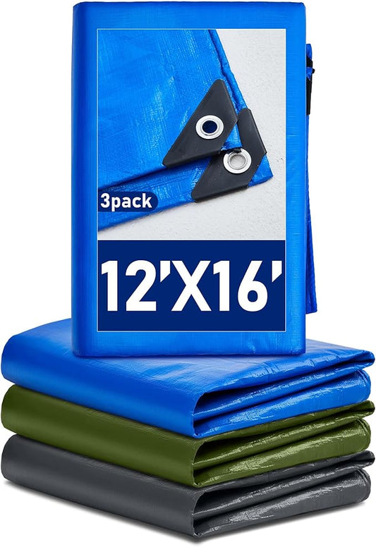 3 Pcs Large Waterproof Tarp 12 x 16 ft Heavy Duty 5.5 Mil Thick Poly Tarpaulin with Grommets Multipurpose Protective Cover for Summer Home Boats Cars Camping RV Pool Tent