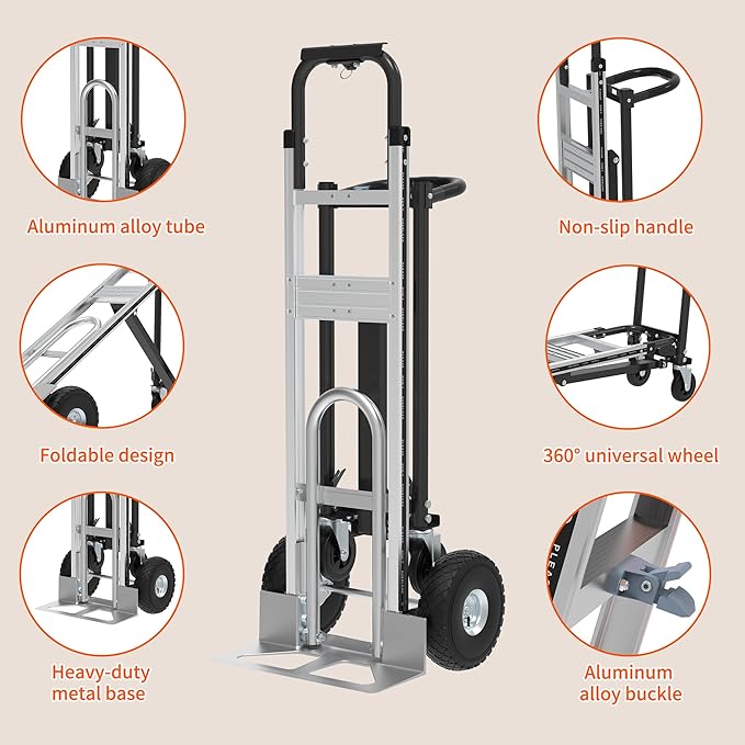 3in1 Convertible Hand Truck Dolly Cart, 880 lb Aluminum Hand Trucks Heavy Duty Furniture Appliance Dolly W/10 Wheels,Utility Cart for Transport & Moving Office, Home & Warehouse Use (Silver Black)