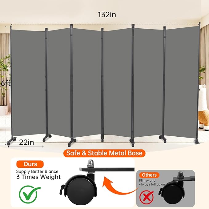 Room Divider 132''W Wall Divider for Room Partition (Heavy Duty Base) 6 Panel Partition Room Dividers, Freestanding Room Divider Screen Separation W/Wheel Folding Privacy Screen Panel Space Separator