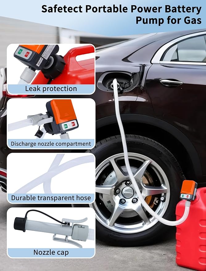 Fuel Transfer Pump, Auto-Stop, Battery or USB Powered, 3.2 GPM Fast Gas Transfer Pump, 57.09" Long Gasoline Hose, 4 Gas Can Adapters, Portable Fuel Pump for Diesel & Oil, No-leak (Orange)