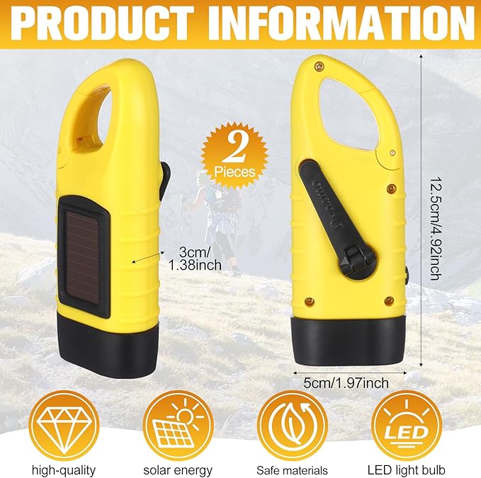 Leelosp 2 Pieces Hand Crank Flashlight Solar Powered Flashlight for Emergencies Dynamo Rechargeable LED Survival Light for Outdoor Sports Hiking Camping (Yellow)