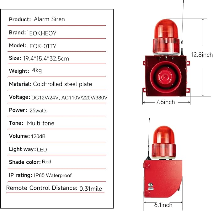 Wireless Alarm Siren 0.31Mile Range Multitone 120dB Loud Horn Waterproof Security Siren for Industry Business Home Shop Hotel School AC110-120V