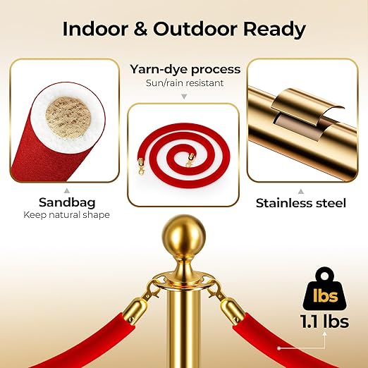12pcs Sturdy Gold Stanchion Posts and 12pcs High Quality Red Carpet Velvet Ropes, Water/Sand/Concrete Fillable Leakproof Base, Crowd Control Barriers for Birthday, Prom, Business, Wedding