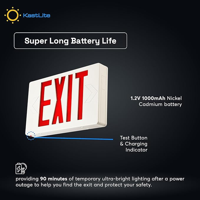 KastLite LED Exit Sign | Emergency Exit Sign with 90 Min Battery Backup | Ceiling & Wall Mount | Damp Rated, UL Listed, 120/277VAC, UL94V-0, Easy Install Small LED Exit Sign for Commercial Indoor Use