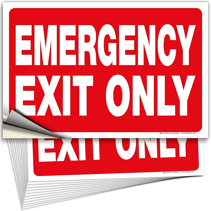 iSYFIX Emergency Exit Only Signs Stickers - 12 Pack 10x7 Inch – Premium Self-Adhesive Vinyl Decal, Laminated for Ultimate UV, Weather, Scratch, Water & Fade Resistance, Indoor & Outdoor