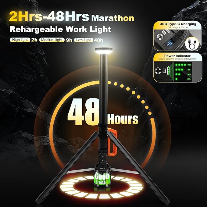 SYLSTAR 360° Rechargeable Work Light with Remote &Telescopic Stand (8.4Ft), 3000LM Ultra Bright 3CCT Dimmable, 6000mAh Battery, Portable Camping Light for Jobsite Workshop Sports Emergencies