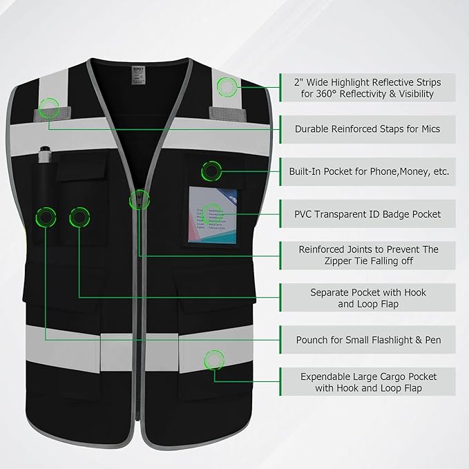 TCCFCCT Hi Vis 5 Pocket High Visibility Safety Work Vest for Men Women, Reflective Construction Vest with High Reflective Strips, Durable and Fashion, Meets ANSI/ISEA Standards, Black, M