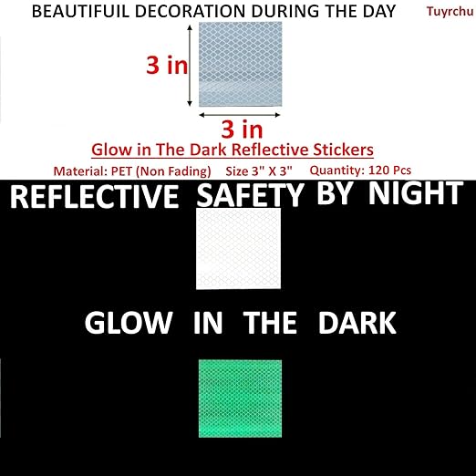 Glow in The Dark Reflective Stickers 3 inch X 3 inch for Car, High Visibility Warning Safety Reflective Strips (120 Pcs)