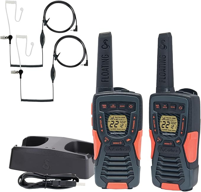 Cobra ACXT1035R FLT Floating and Waterproof Walkie Talkies for Adults & Compatible Cobra Surveillance Headset: Rechargeable, 22 Channels, Long-Range, 2 Two-Way Radios, 2 Headsets, Black/Orange
