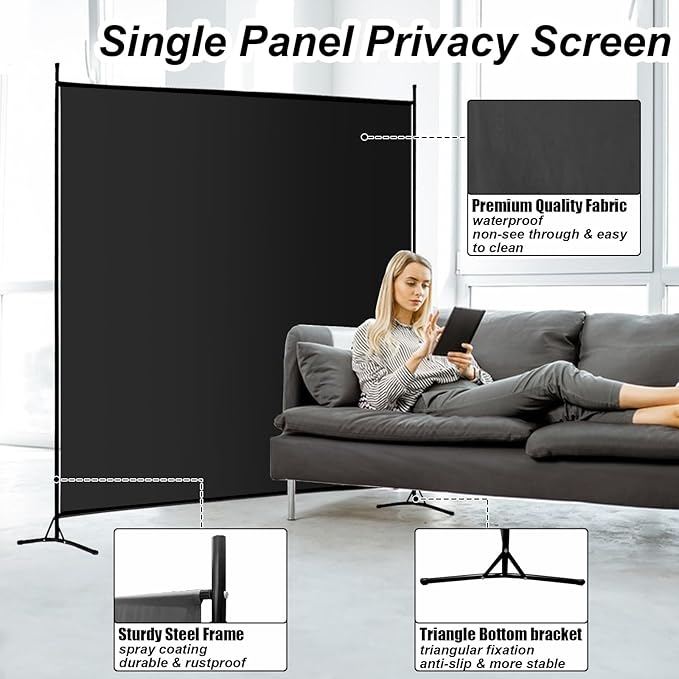 Single Large Panel Room Divider, 6 Ft Tall Privacy Screen Room Divider,Freestanding Room Partition Wall Divider,Lightweight Room Divider Screen for Home Office,69''W x 70''H, Black