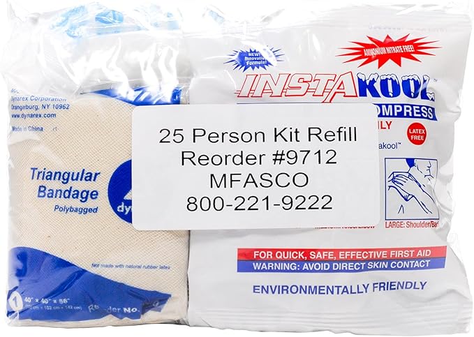 MFASCO First Aid Kit Refill - 25 Person Kit Restock with Essential Medical Supplies for Home, Office, and Auto Emergencies - Compact Size (8x7 inches) - Comprehensive EMT Restock