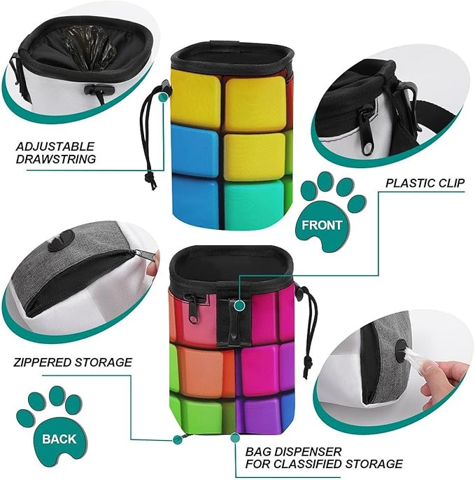 Dog Feed Snack Reward, Pet Training Package, Dog Snack Pocket with Adjustable Waist Belt 3 Ways to Wear Rainbow Colorful Blocks