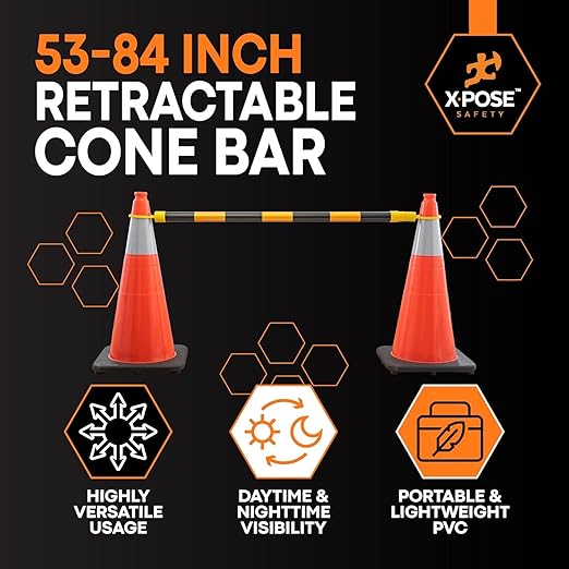 Retractable Barrier for Safety Traffic Cones - 2" OD - Large Yellow and Black Bar Barricade - for Road Construction, Parking, Warning, Temporary Security Divider (80, Yellow & Black, 53" x 84")