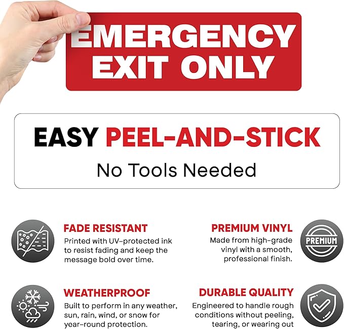 | Emergency Exit Only Sign Stickers (2 Pack), 8.75x3 – Strong Adhesive, Durable, Waterproof Exit Sign Stickers for Doors and Walls – Perfect for Emergency Exit Only Signage.